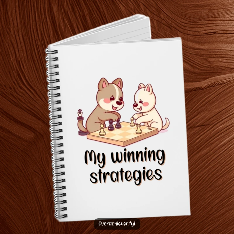 Funny kawaii dog character planning its next move in a solo chess game, a humorous and functional notebook.