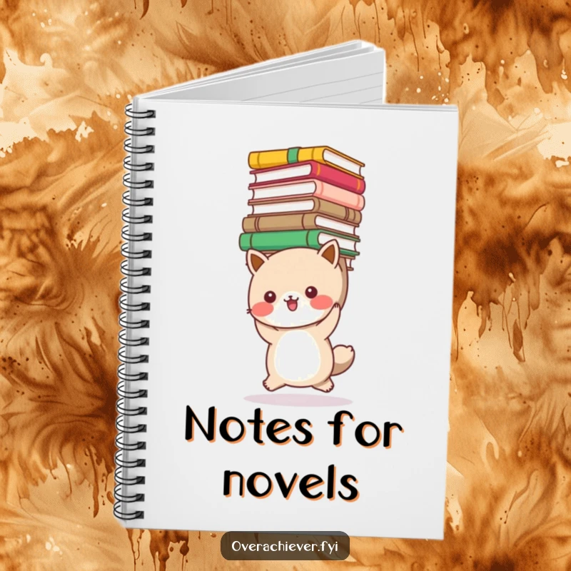 Funny book lover animal notebook featuring a cute creature carrying a huge stack of books, perfect for notes and journaling. Humorous organizational tool.