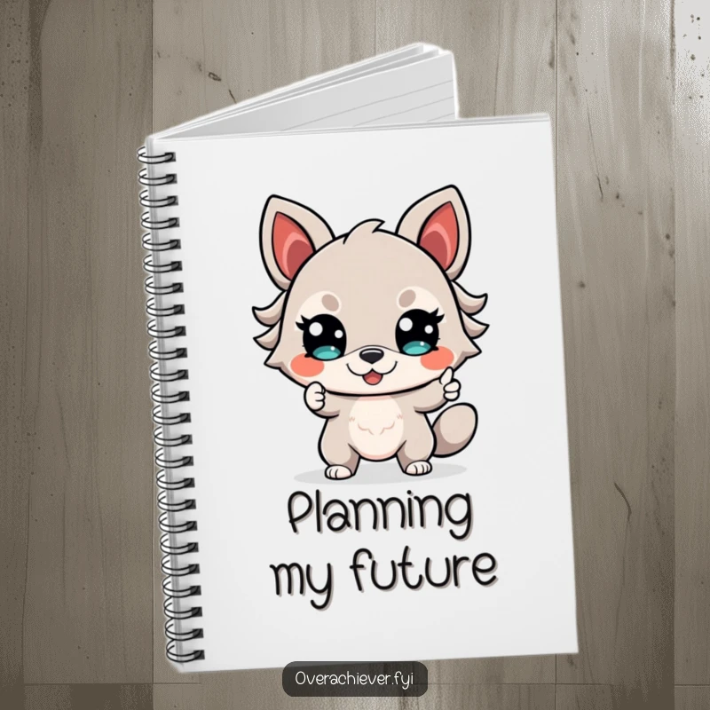 Funny Notebook with a determined animal character, smiling confidently and pointing towards future plans and bright ideas.