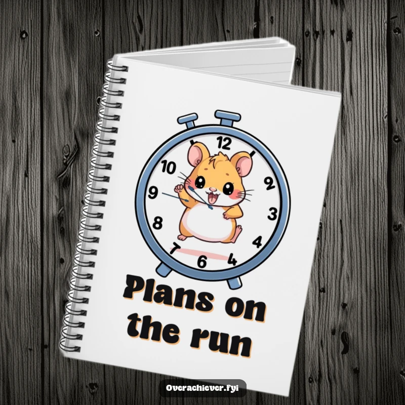Funny notebook with a determined hamster character running on a wheel that also functions as a clock, ideal for timely notes.