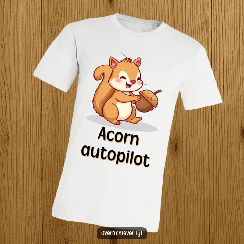 Funny squirrel t-shirt showing a cheerful squirrel struggling to parallel park a tiny acorn with intense concentration.