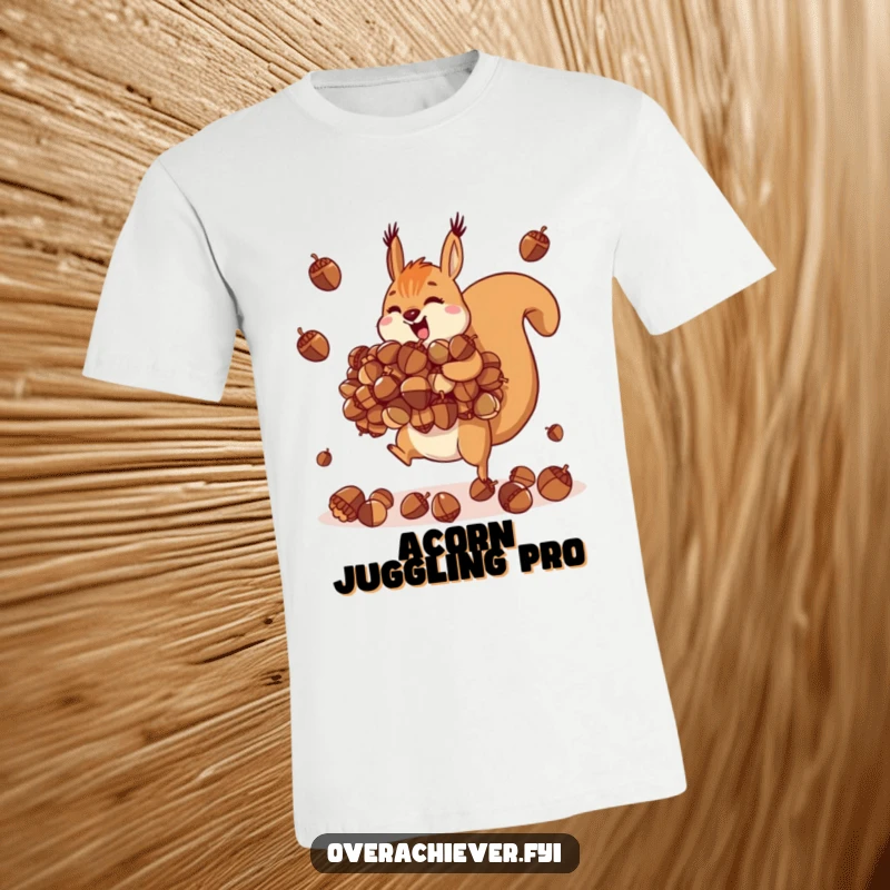 Funny motivated squirrel t-shirt, impossibly juggling a colossal pile of acorns with determination.
