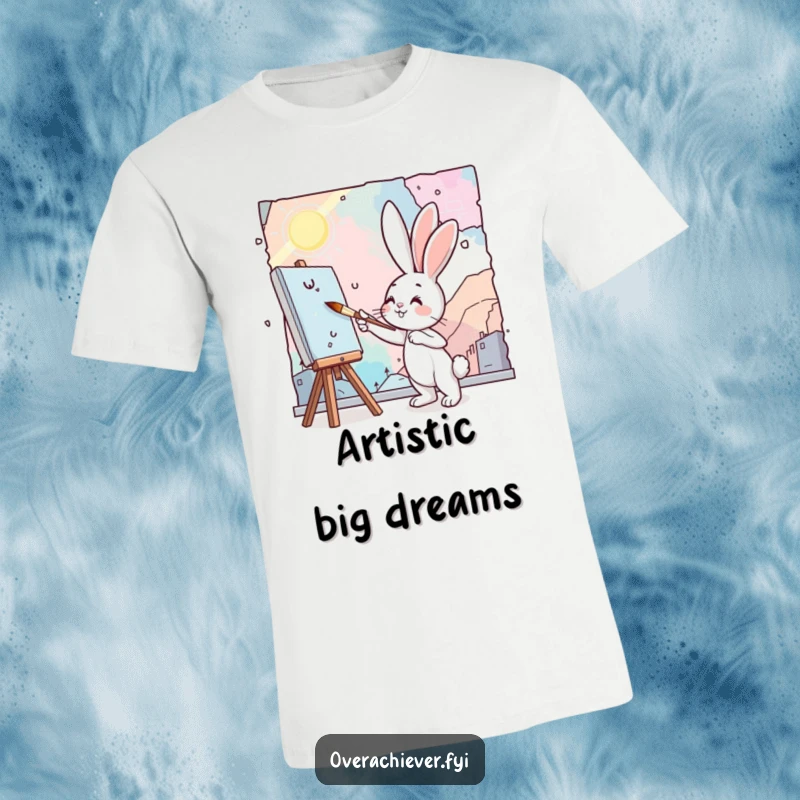 Funny bunny artist t-shirt featuring a cute bunny enthusiastically painting a large, colorful mural with a small brush.
