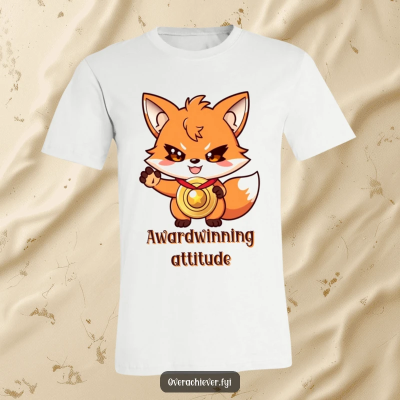Funny driven fox t-shirt, with a determined grin, proudly presenting a shiny, oversized medal.