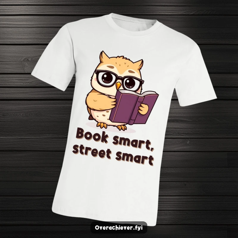 Funny t-shirt graphic: A cute owl wearing glasses is engrossed in reading a substantial, academic book with a studious expression.
