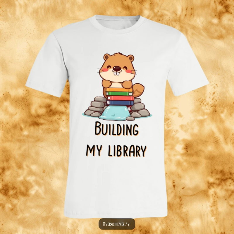 Funny t-shirt featuring a cheerful beaver character building a dam solely out of meticulously stacked books, celebrating knowledge and creativity.