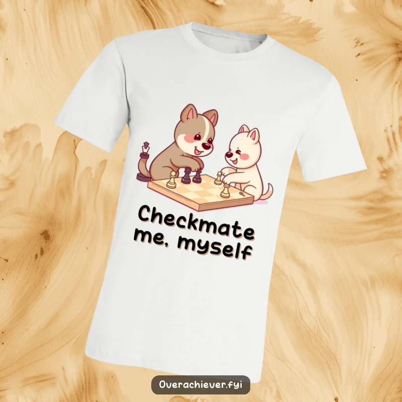 Funny kawaii dog character looking smug, playing chess against itself and winning, a hilarious and unique t-shirt design.