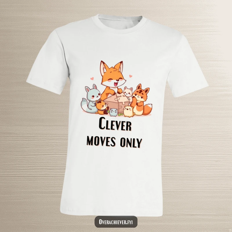 Funny t-shirt graphic: An energetic fox character excitedly guides smaller creatures as they piece together a complex, colorful puzzle.