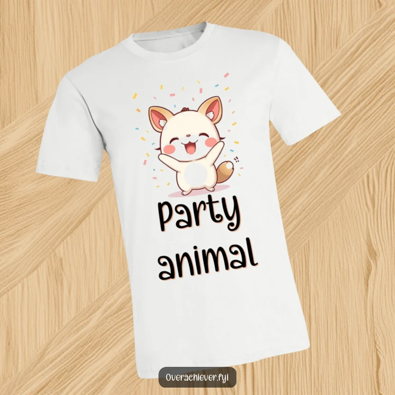 Funny t-shirt with a small animal character cheering loudly with confetti falling around, a vibrant and exciting design.