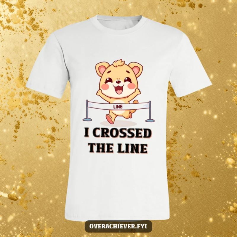 Funny T-Shirt featuring an animal character explosively crossing a finish line with an ecstatic, determined grin, embodying winning spirit.