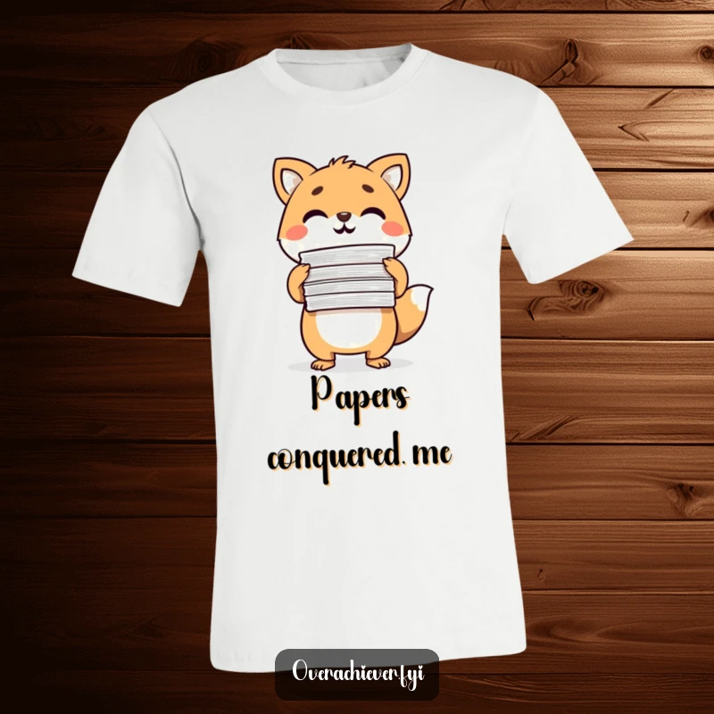 Funny T-Shirt featuring a determined animal character triumphantly displaying a huge stack of completed papers, celebrating accomplishment.