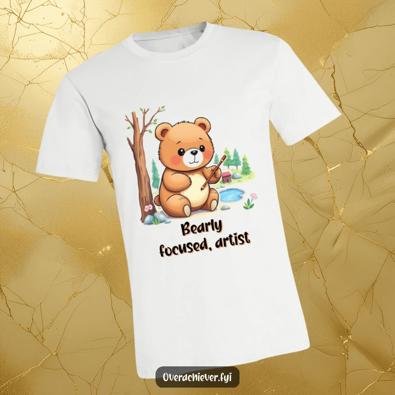 Funny T-Shirt: A focused bear character meticulously painting a small, detailed landscape, embodying artistic concentration.