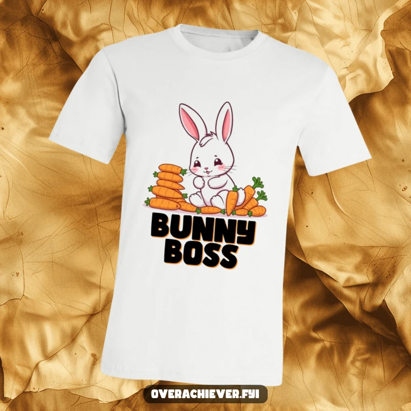 Funny T-Shirt: A cute, focused bunny character meticulously arranging a precise stack of colorful carrots, embodying ultimate veggie order.