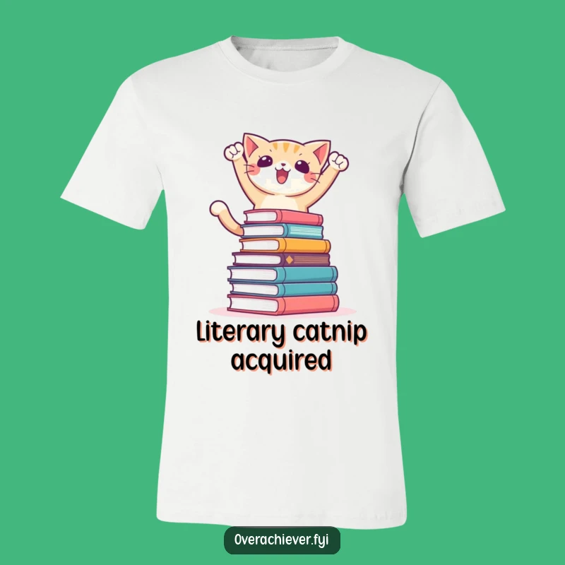 Funny Cat Conqueror T-Shirt: Triumphant Pose Over Books, Hilarious Reading Shirt Gift