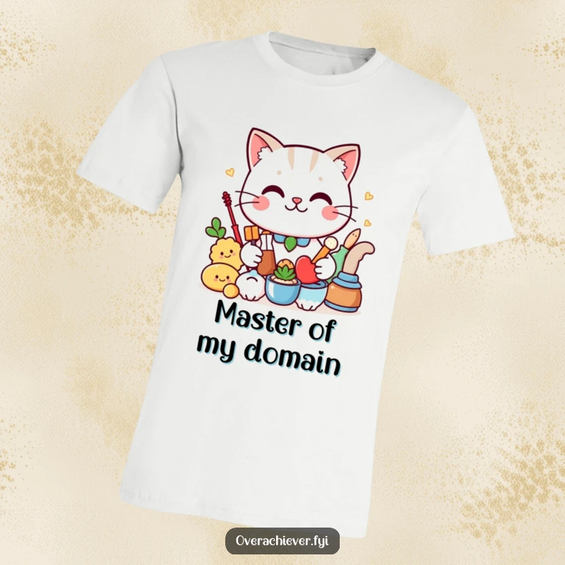 Funny T-Shirt: A smug cat character proudly displays a perfectly organized collection of items, showcasing humor and order.