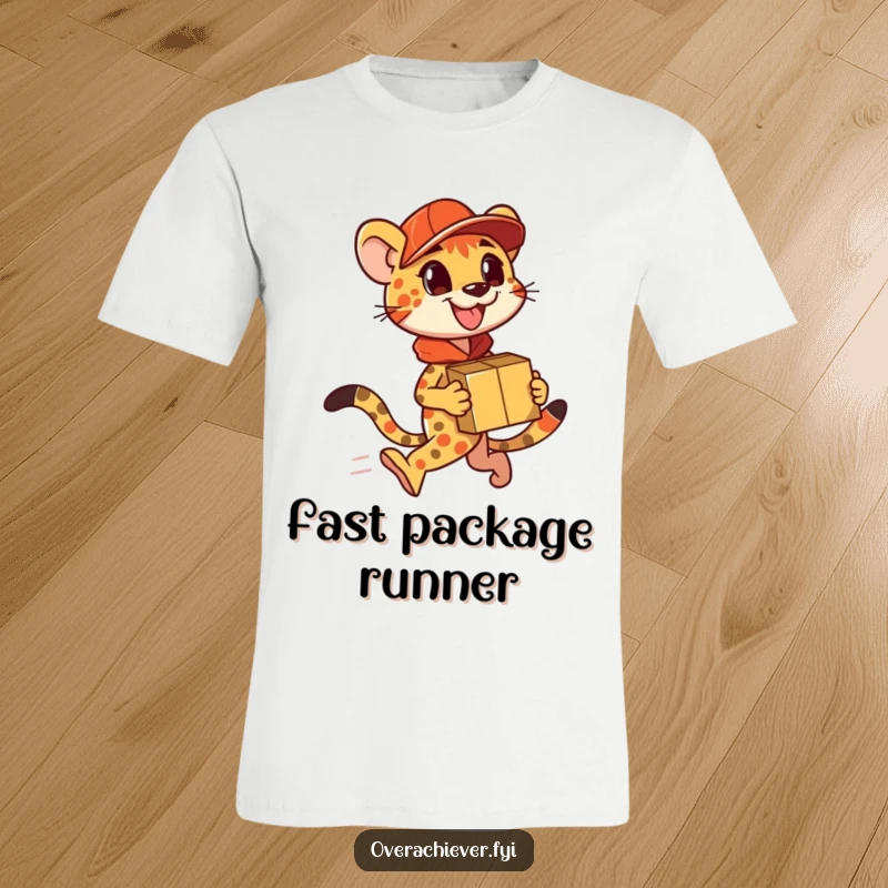 Funny T-Shirt: A cheetah character depicted in motion, delivering a massive quantity of packages with incredible speed.