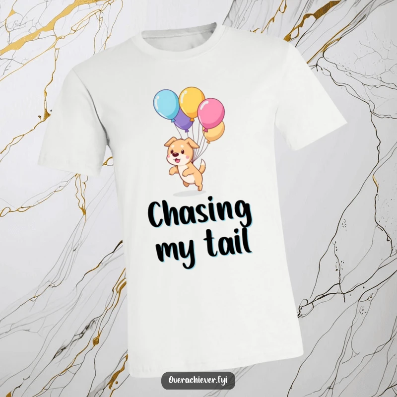 Funny cute dog character humorously attempting to herd a bunch of escaped balloons on a t-shirt, showcasing a dog's playful nature.