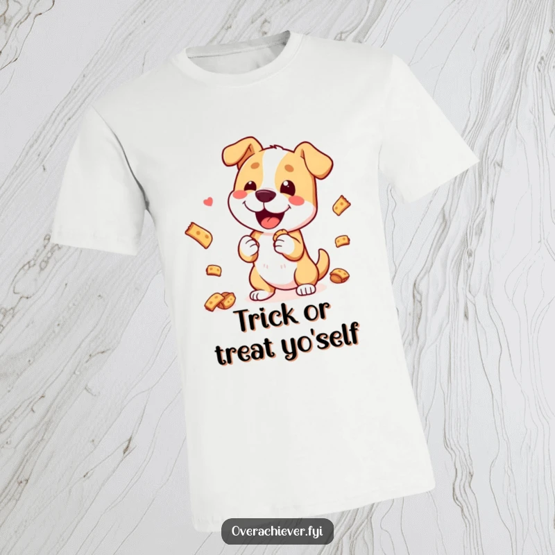 Funny T-Shirt: A happy dog character executing a complex trick, expertly balancing numerous treats, looking proud and delighted.
