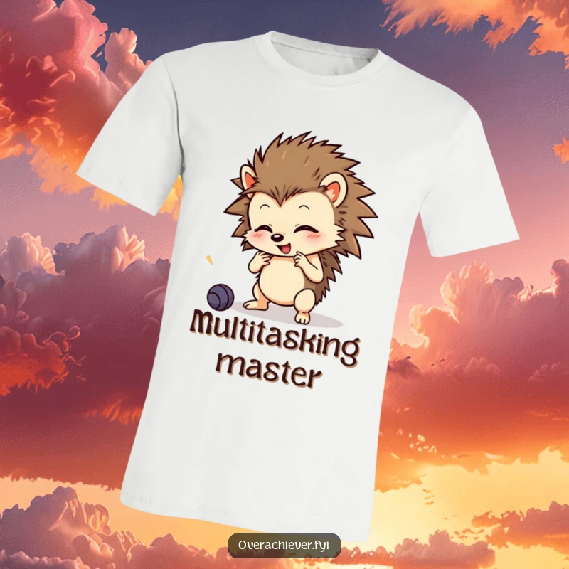 Funny T-Shirt: A small hedgehog character intensely focused on learning multiple complex skills simultaneously, radiating determination.