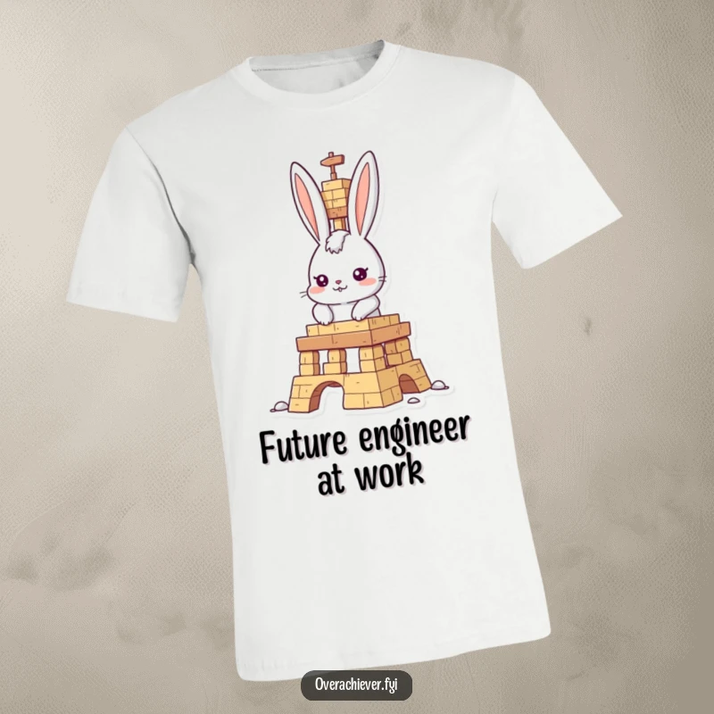 Funny rabbit builder t-shirt, determined character constructing a towering structure with intense focus, perfect for builders and humor lovers.