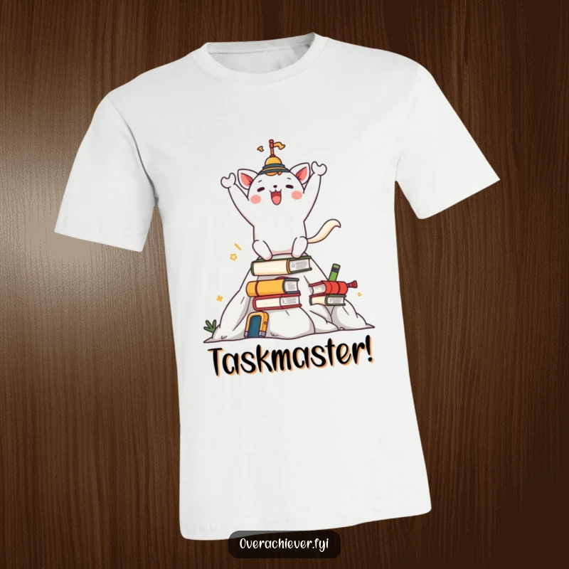 Funny t-shirt with a happy animal character celebrating on top of a mountain of tasks, a design about overcoming challenges.