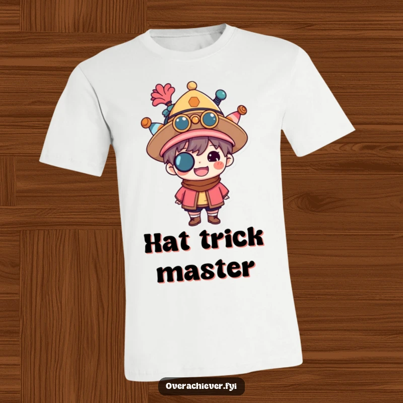 Funny multitasking character t-shirt featuring a proud person wearing several hats at once, celebrating versatility. Amusing and proud apparel.