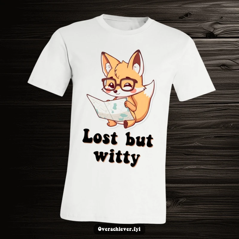 Funny T-Shirt: A playful fox in spectacles intently studying a large map, representing a quest for knowledge and humorous direction.