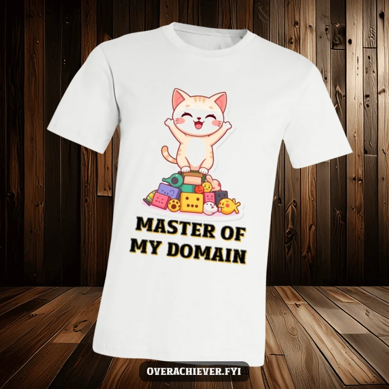 Funny happy cat character triumphantly balancing on a precarious stack of toys on a t-shirt, depicting feline agility.