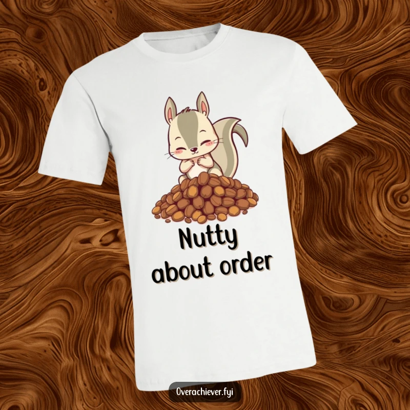 Funny t-shirt featuring a hyperactive squirrel intensely organizing a huge pile of nuts, looking both determined and slightly unhinged.