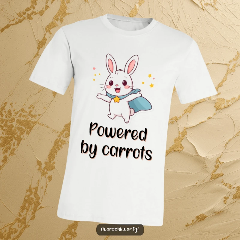 Funny happy rabbit character wearing a superhero cape, attempting to fly with sheer willpower, a humorous t-shirt.