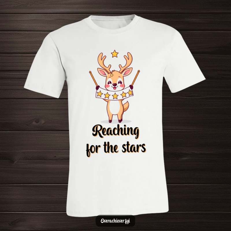 Funny t-shirt graphic: A proud deer character triumphantly displays a banner covered in many shining stars, celebrating a grand success.