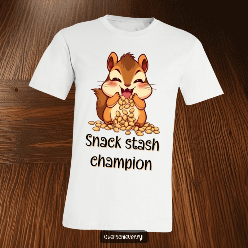 Funny chipmunk character with comically overstuffed cheeks, joyfully hoarding seeds, a hilarious t-shirt.