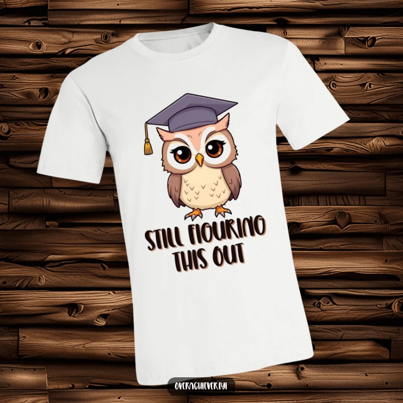 Funny graduation owl t-shirt with a determined owl sporting a too-big cap, perfect for celebrating smarts with humor.