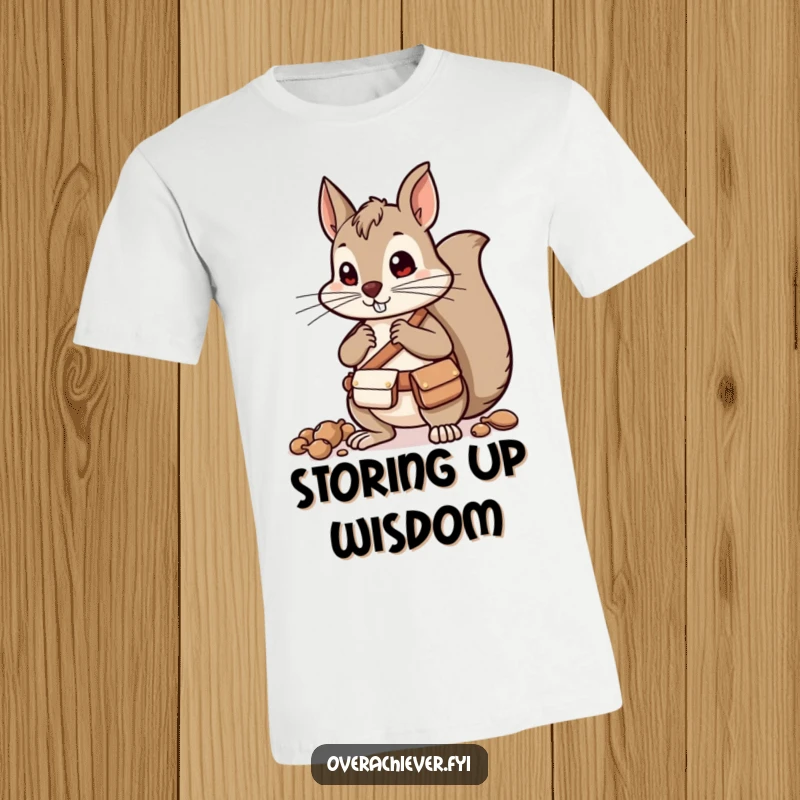 Funny squirrel character wearing a belt with pouches, sorting nuts, a humorous and prepared shirt.