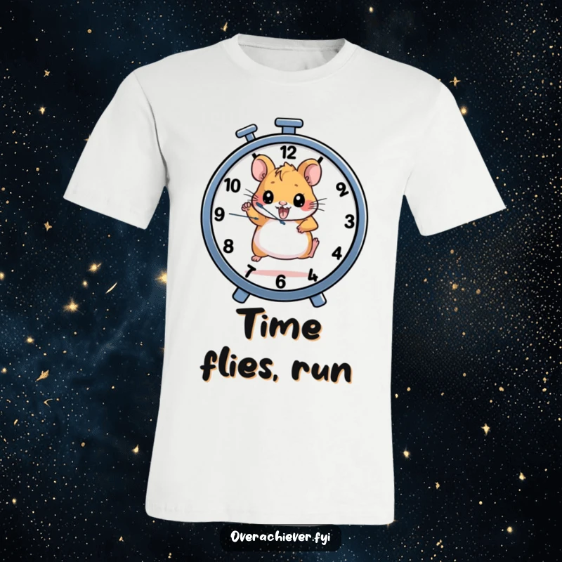Funny t-shirt with a determined hamster character running on a wheel that also functions as a clock, representing ambition and speed.