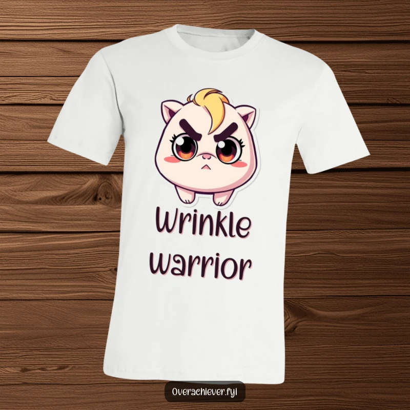 Funny t-shirt of a character with wide, determined eyes, intensely ironing a minuscule wrinkle with unwavering focus.