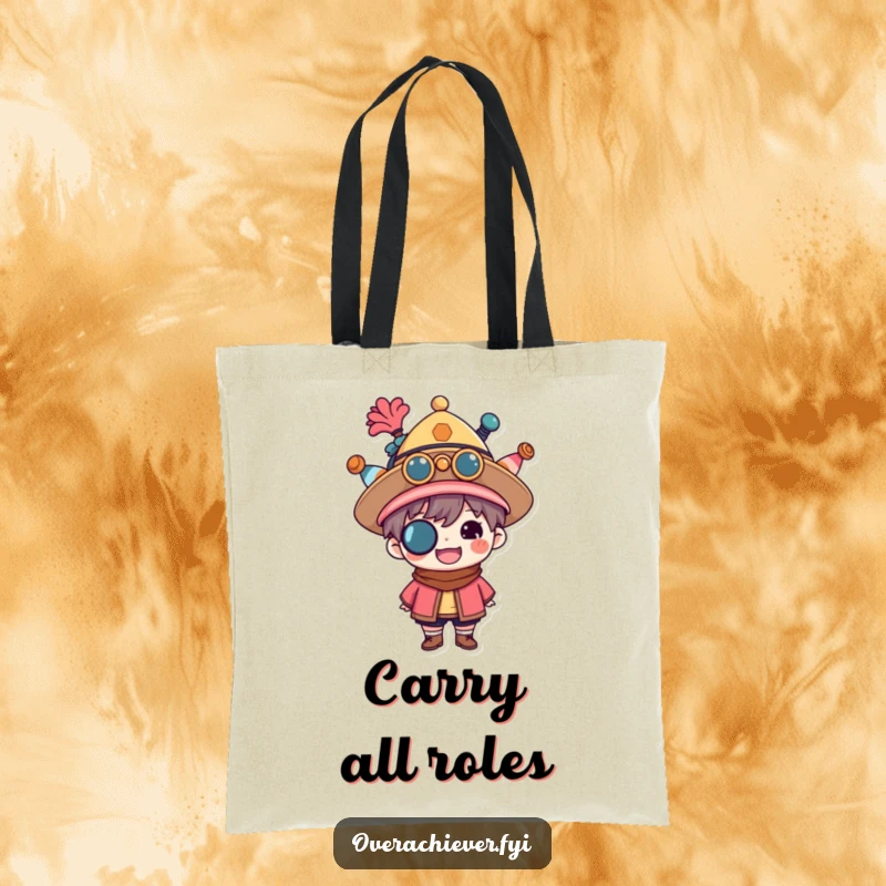 Funny multitasking tote bag featuring a proud character wearing multiple hats, symbolizing their many roles. Practical and humorous carry-all.