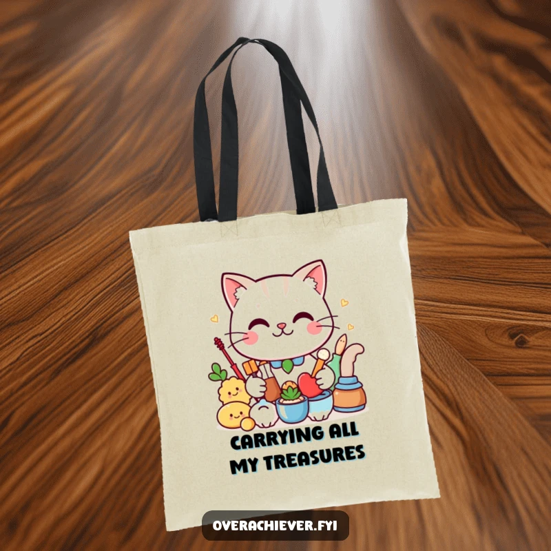 Funny Tote Bag: A proud cat with a smirk displays an organized collection, ideal for stylish and humorous shopping.