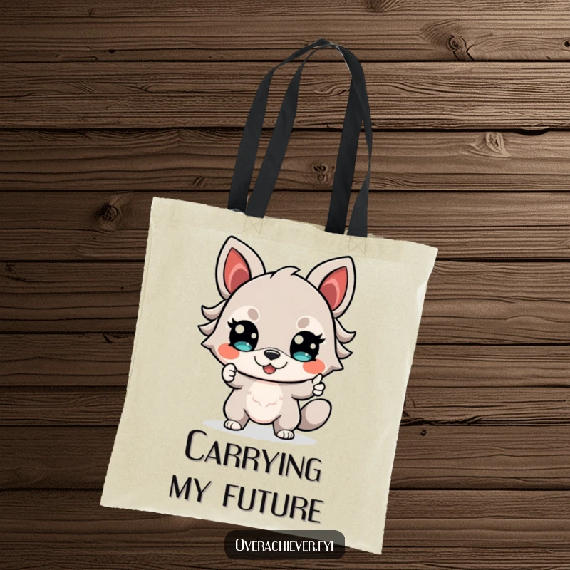 Funny Tote Bag illustrating a determined animal with a confident smile, actively pointing towards a promising and bright future.