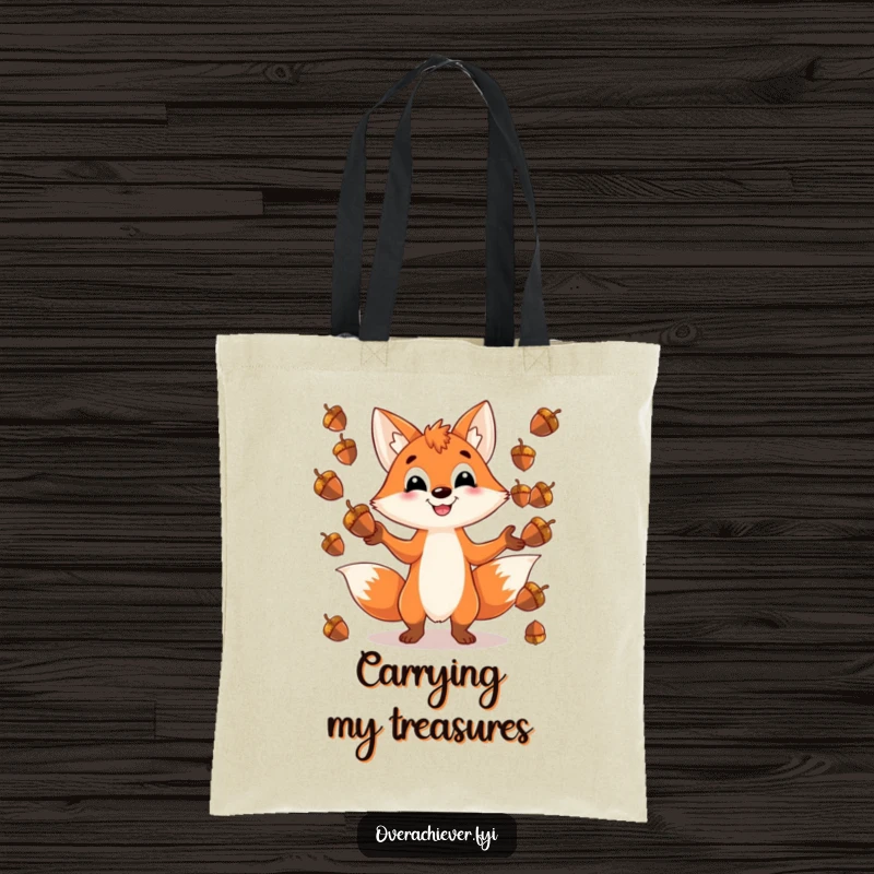 Funny tote bag featuring a playful fox character grinning while juggling an impossible number of shiny acorns, a humorous accessory.