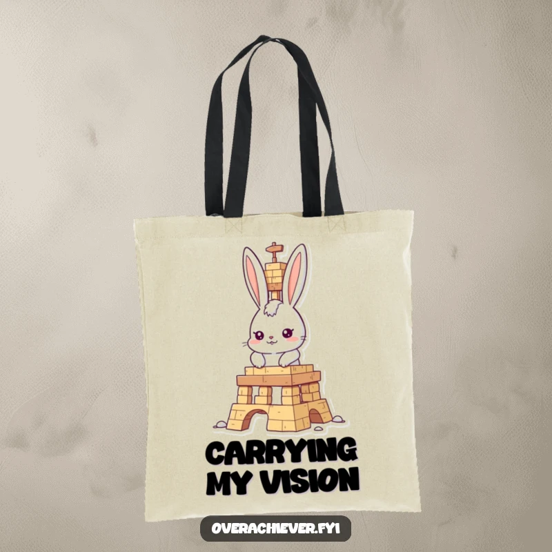 Funny rabbit builder tote bag, determined rabbit character meticulously constructing a large structure, conveying strength and humor.