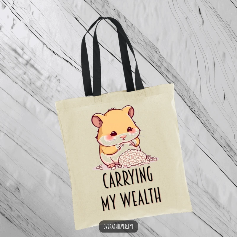 Funny determined hamster carefully counting a single grain of rice on a tote bag, showcasing quirky financial planning.