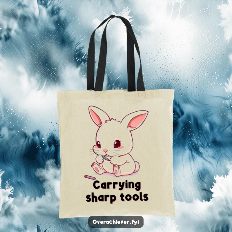 Funny tiny rabbit meticulously filing its toenails with a miniature file on a tote bag, showcasing quirky organization.