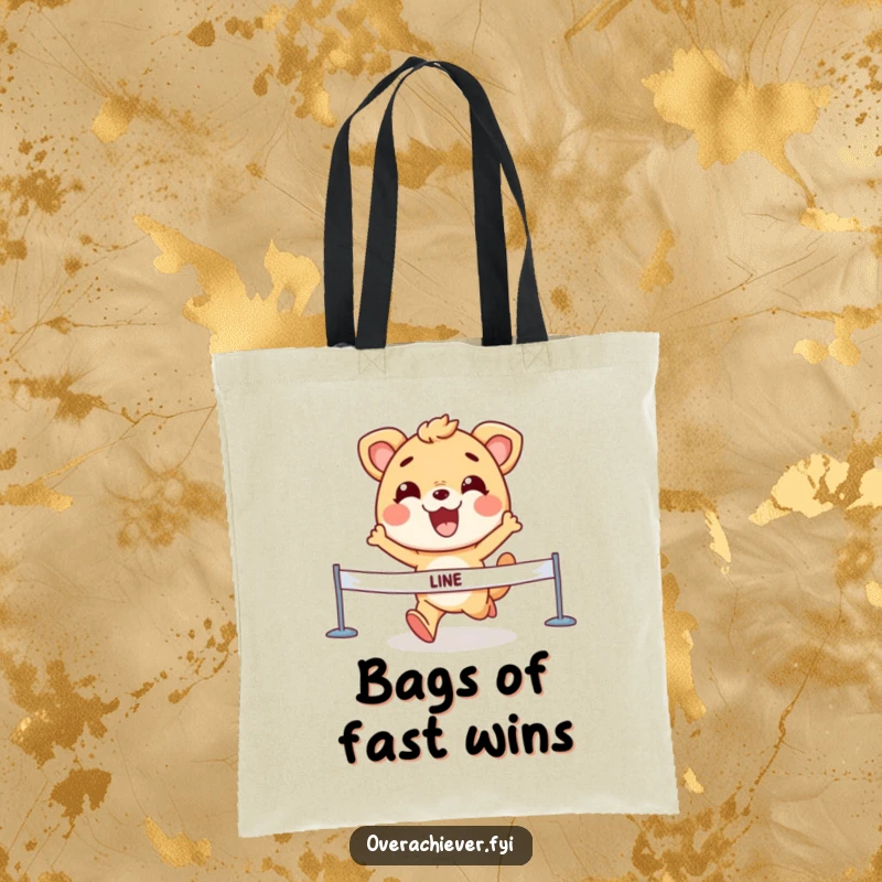 Funny Tote Bag with an animal character crossing a finish line, showing a determined grin, perfect for victorious shoppers.