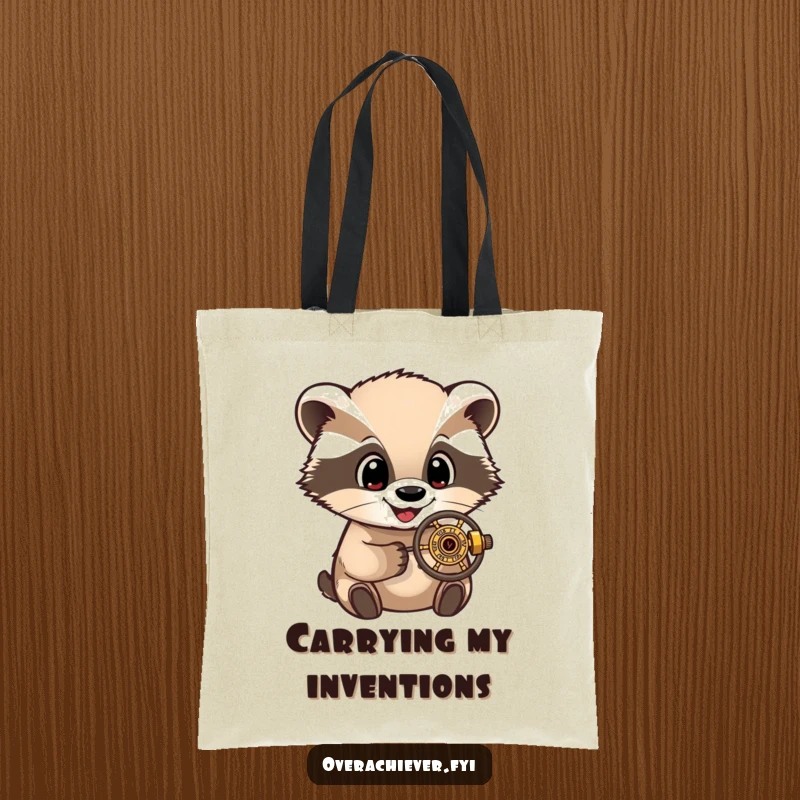 Funny Tote Bag: A delighted badger character, eyes wide, examining a minuscule, intricate mechanical device with great interest.
