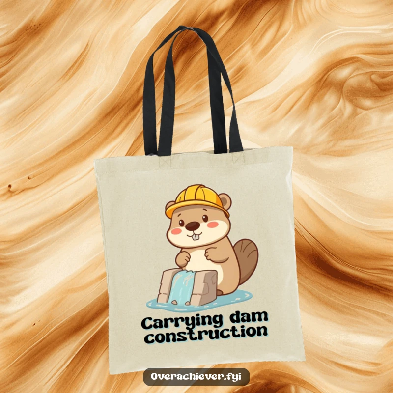 Funny beaver character wearing a hard hat, focused on building a small dam, a humorous and functional tote.