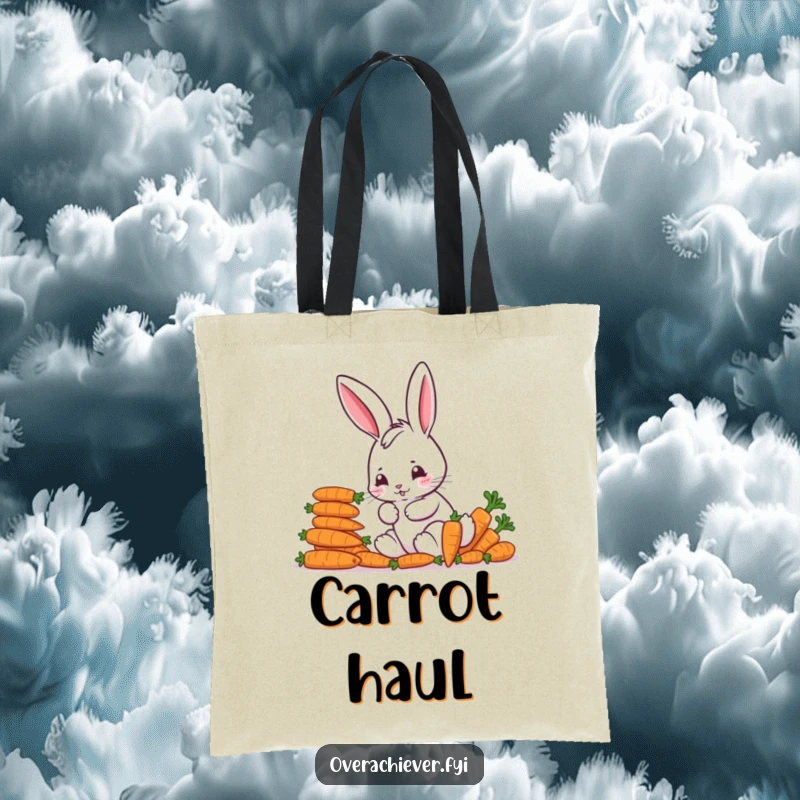 Funny Tote Bag: A charming bunny character focused on perfectly stacking a vibrant assortment of colorful carrots, ready for errands.