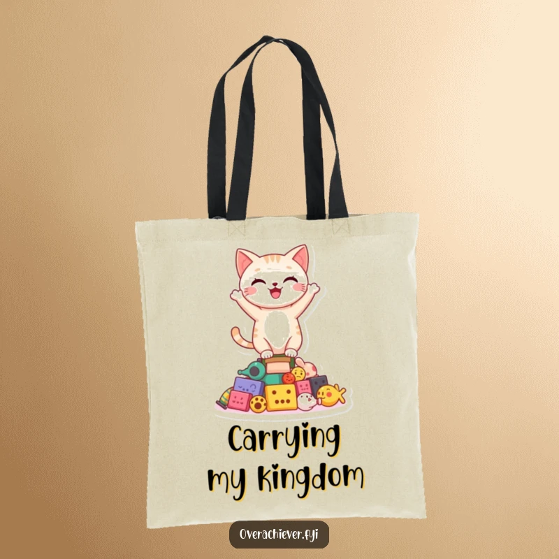 Funny happy cat character proudly balancing on a wobbly stack of toys on a stylish tote bag, a charming practical item.