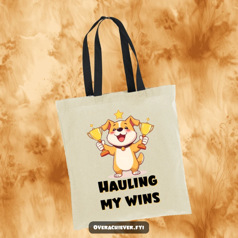 Funny dog juggling trophies tote bag with a happy dog expertly tossing three shiny trophies, celebrating achievements.