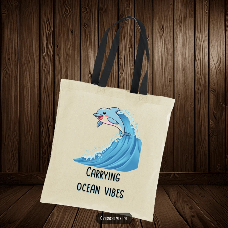 Funny tote bag showing an ambitious dolphin character making a joyful, high leap over a colossal, sparkling ocean wave for beach days.